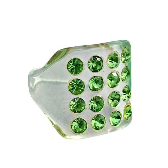 Vintage Green Translucent Lucite Rhinestone Ring - Picture 3 of 6